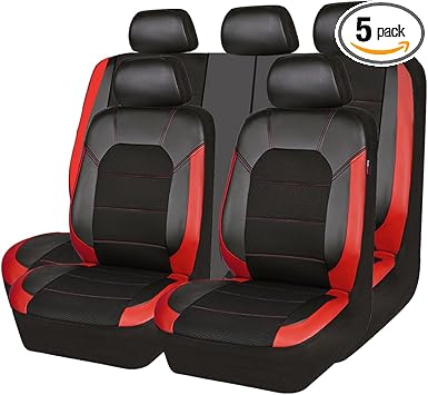 CAR PASS Universal Leather car seat Covers Sport fits Most Cars, SUVs, Trucks, and Vans (Full Set, Black Red)